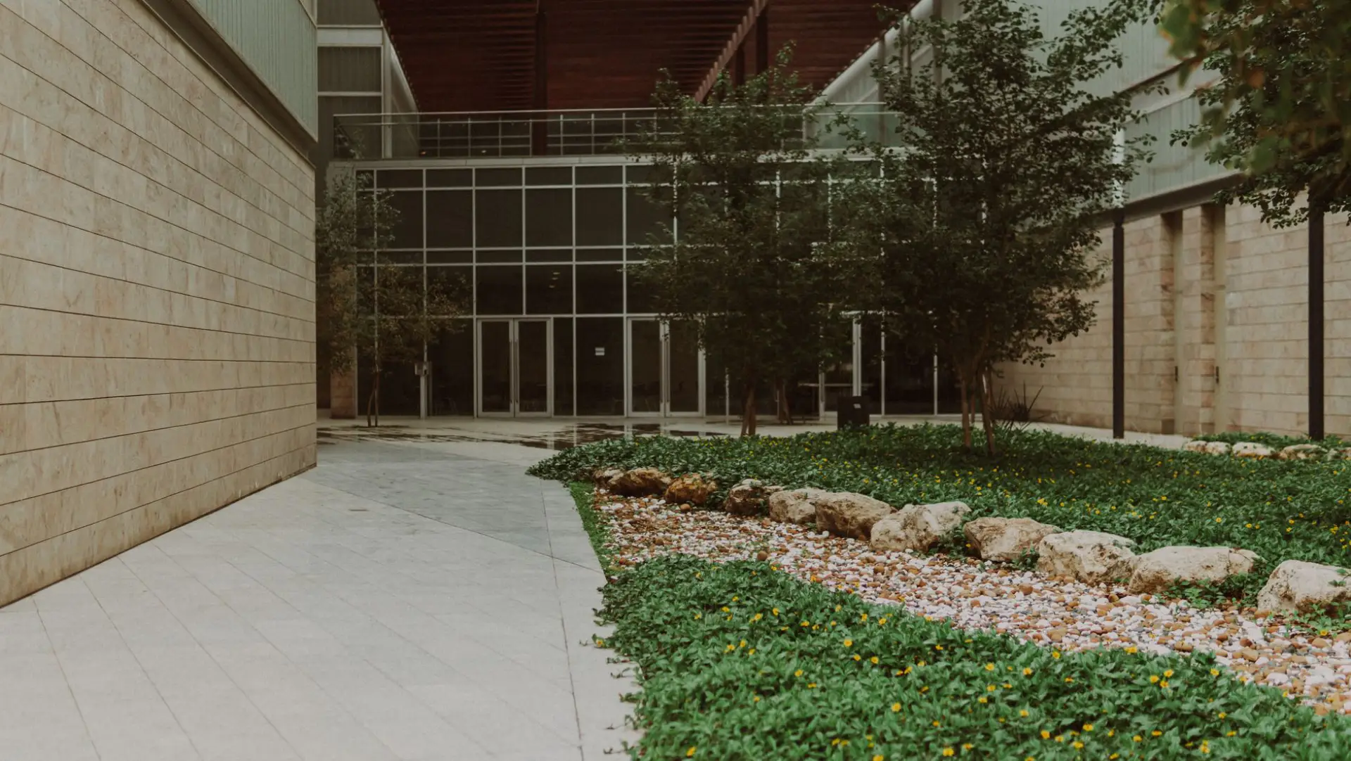 Concrete walkway running beside a commercial building through planted beds