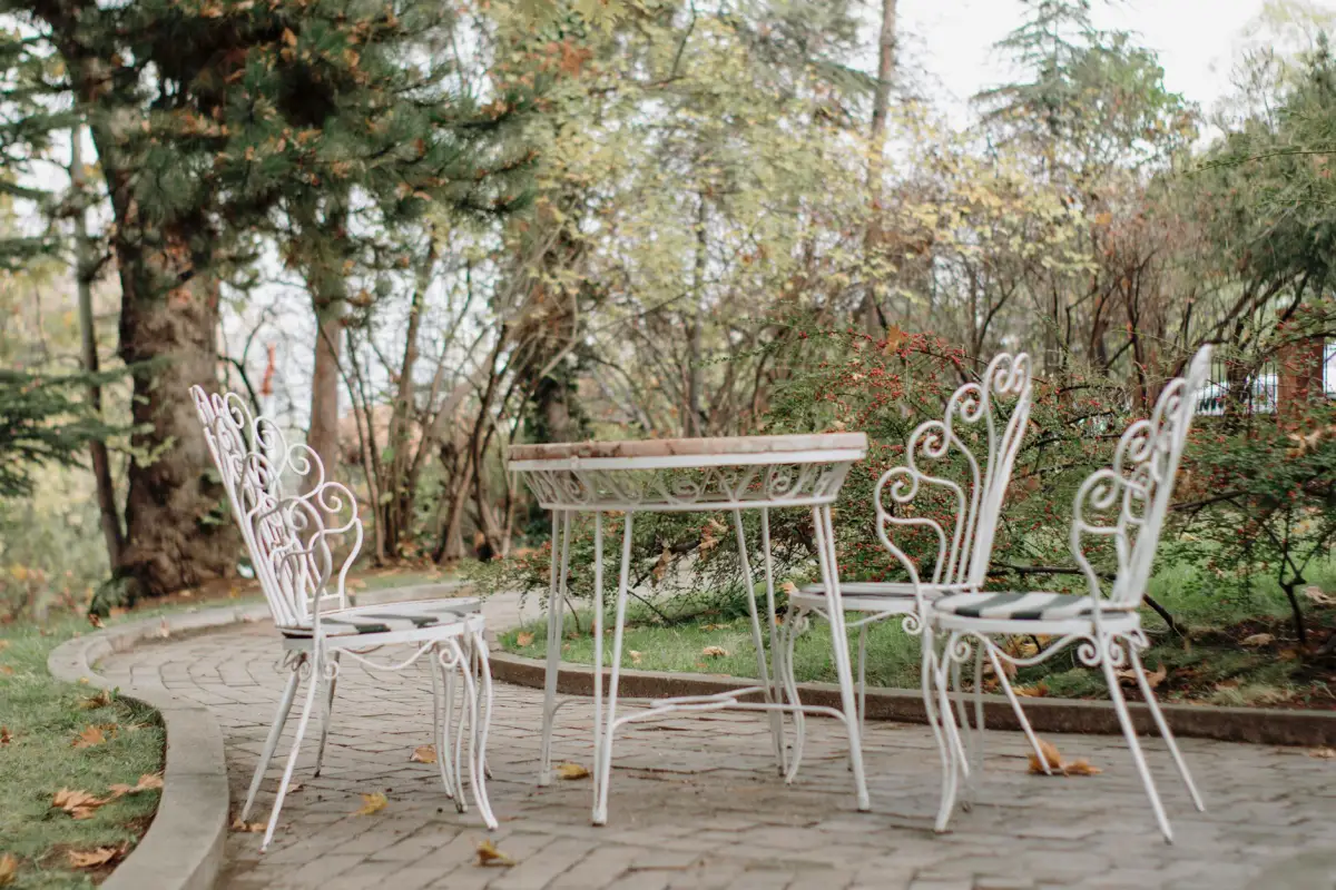 Paved patio seating area with metal table and chairs under autumn trees