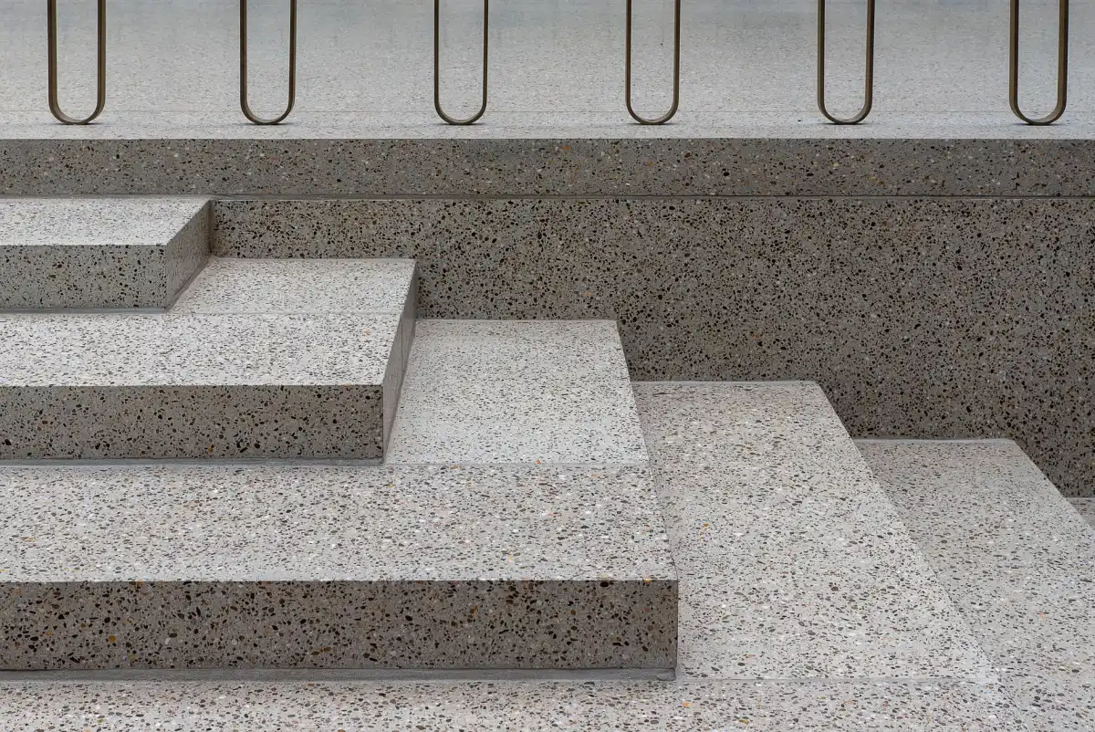Exposed-aggregate concrete steps seen from the side