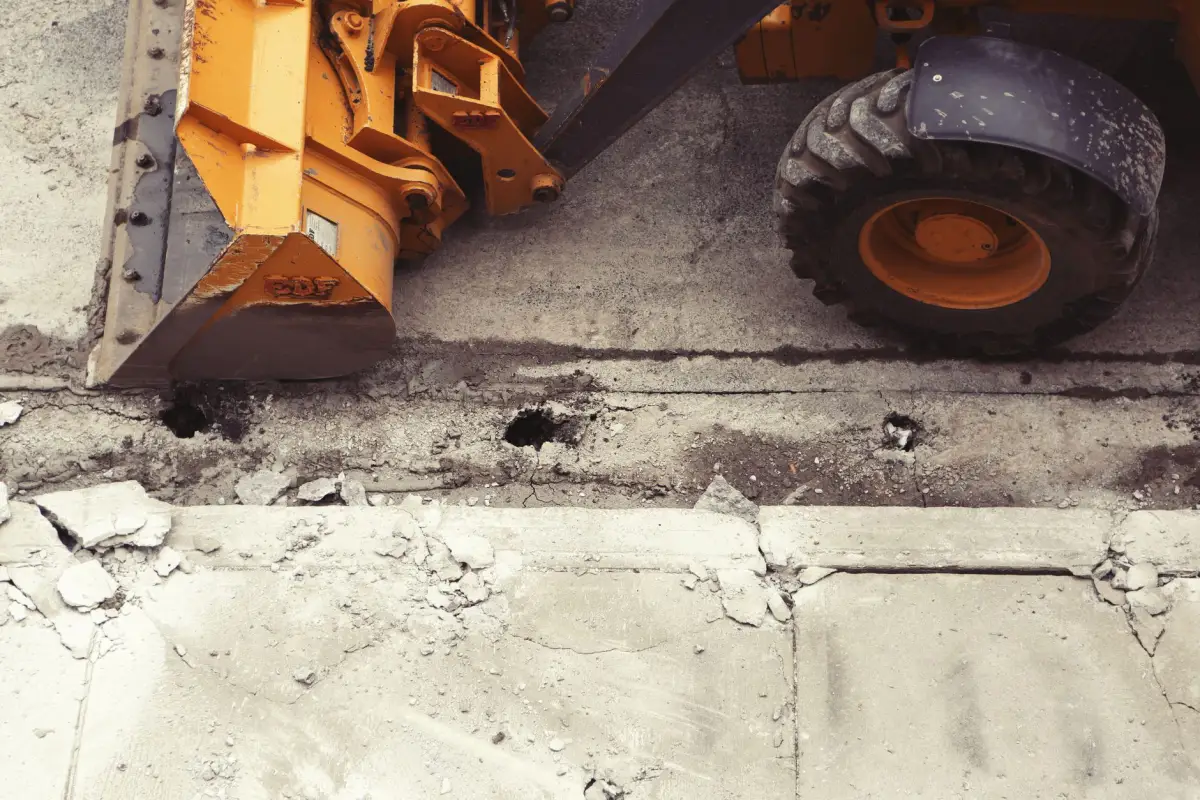 Loader bucket resting on a cracked concrete floor slab during removal